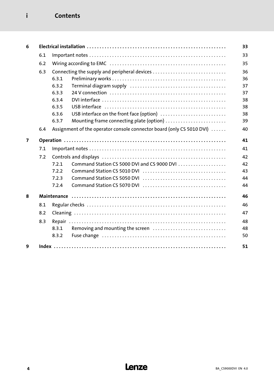 Contents i | Lenze CS 9000 DVI Operating Instructions User Manual | Page 4 / 53