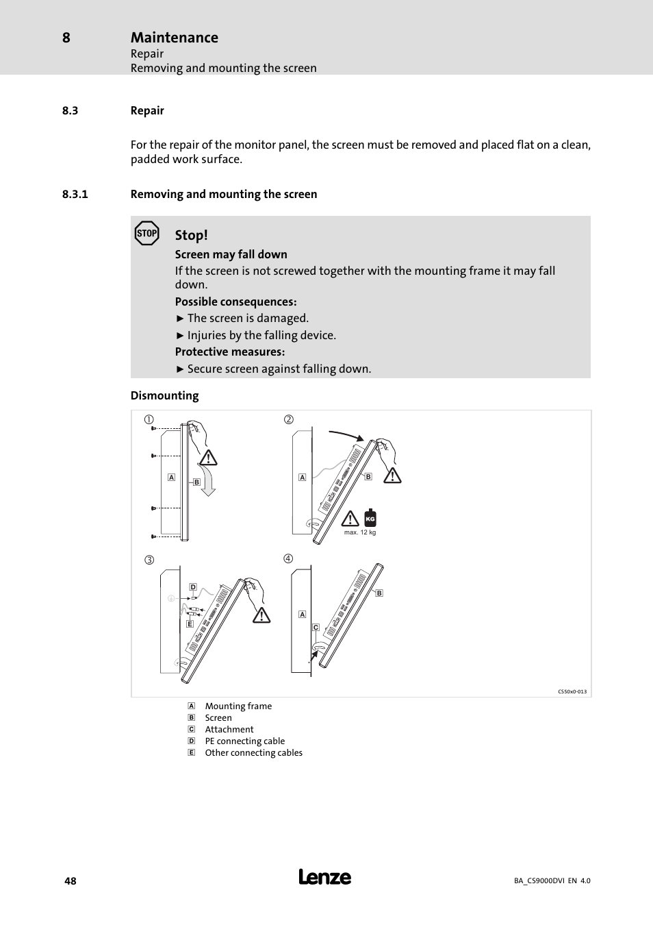 Repair, Removing and mounting the screen, Maintenance | Lenze CS 9000 DVI Operating Instructions User Manual | Page 48 / 53