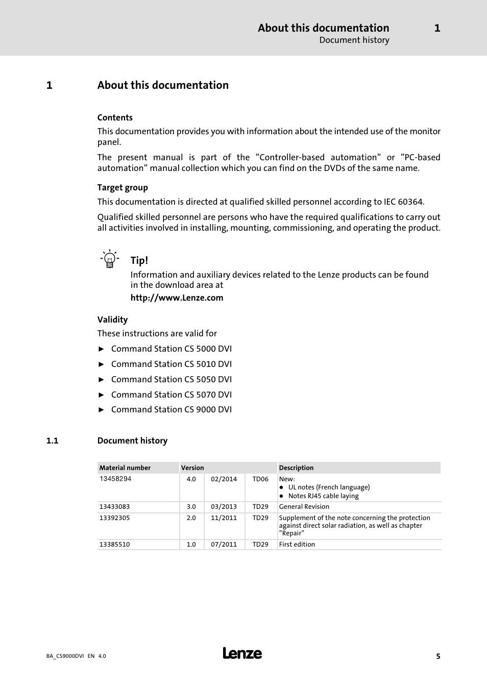 About this documentation, Document history, 1about this documentation | Lenze CS 9000 DVI Operating Instructions User Manual | Page 5 / 53