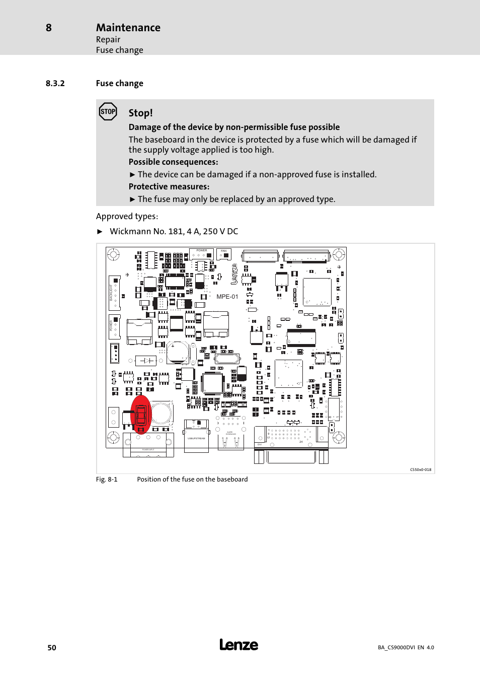Fuse change, Maintenance, Stop | Repair fuse change, 2 fuse change | Lenze CS 9000 DVI Operating Instructions User Manual | Page 50 / 53