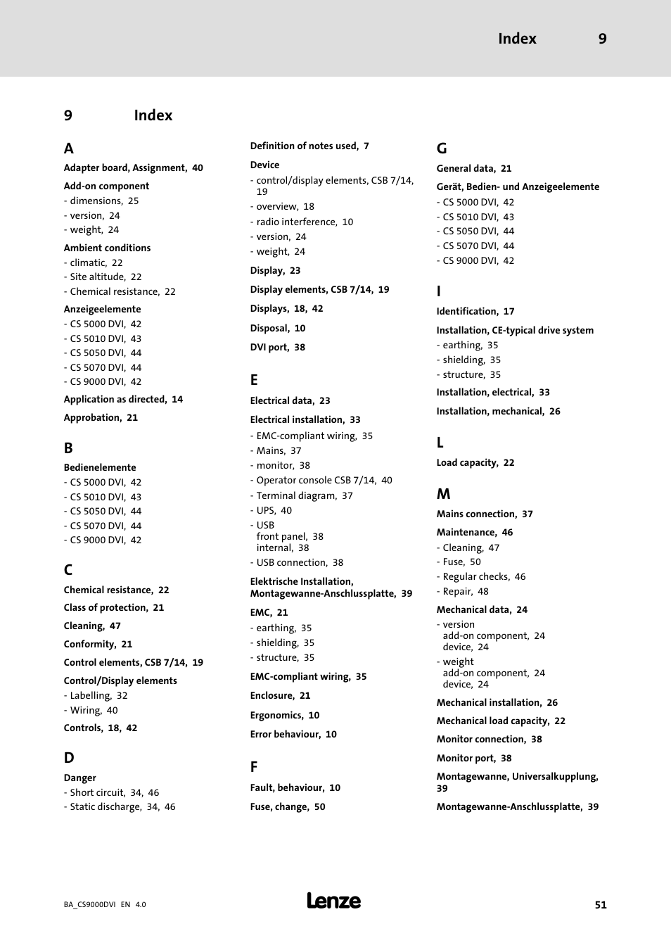 Index, Index 9, 9index a | Lenze CS 9000 DVI Operating Instructions User Manual | Page 51 / 53