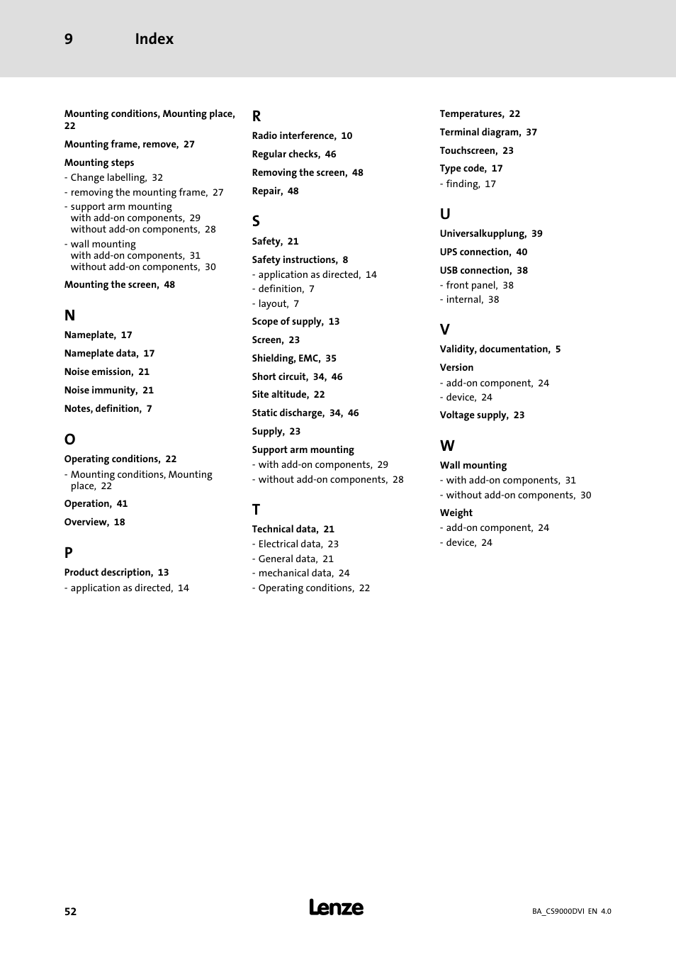 Index 9 | Lenze CS 9000 DVI Operating Instructions User Manual | Page 52 / 53