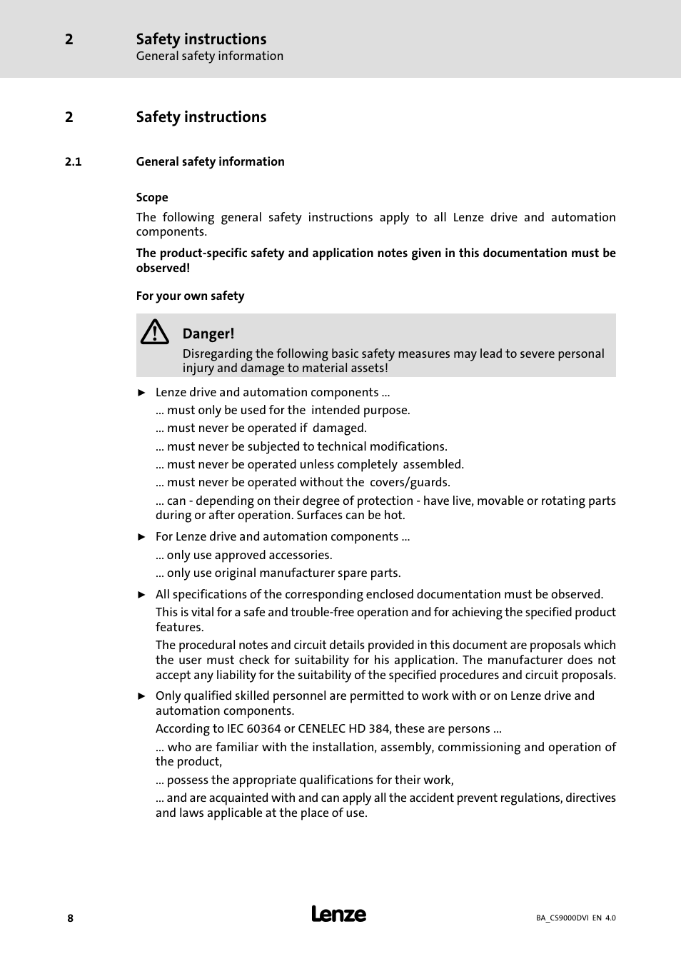 Safety instructions, General safety information | Lenze CS 9000 DVI Operating Instructions User Manual | Page 8 / 53