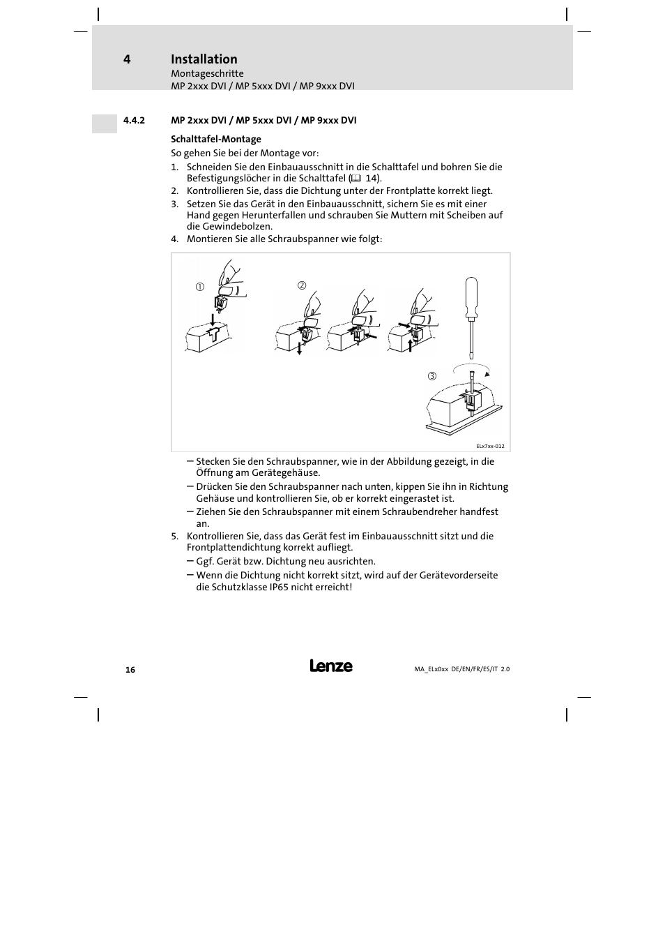 Mp 2xxx dvi / mp 5xxx dvi / mp 9xxx dvi, Installation | Lenze MP 9000 DVI Mounting Instructions User Manual | Page 16 / 88