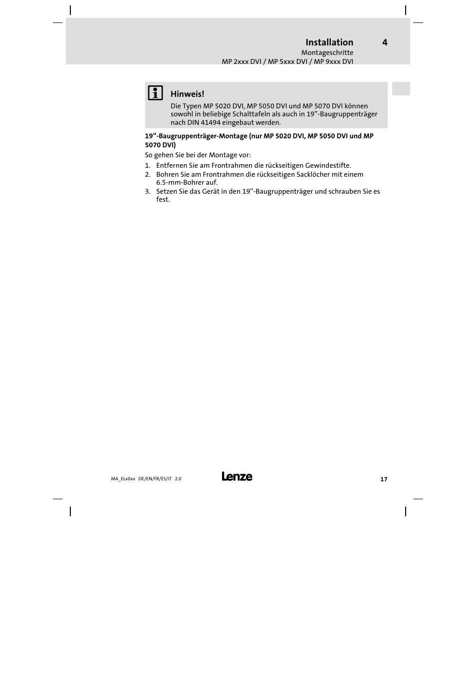 Lenze MP 9000 DVI Mounting Instructions User Manual | Page 17 / 88