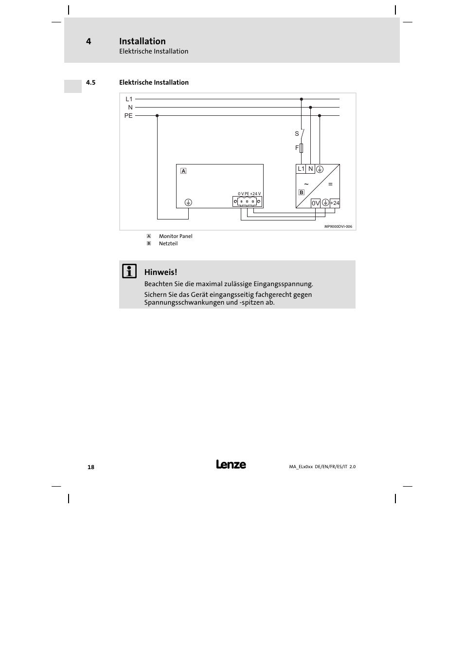 Elektrische installation, Installation | Lenze MP 9000 DVI Mounting Instructions User Manual | Page 18 / 88