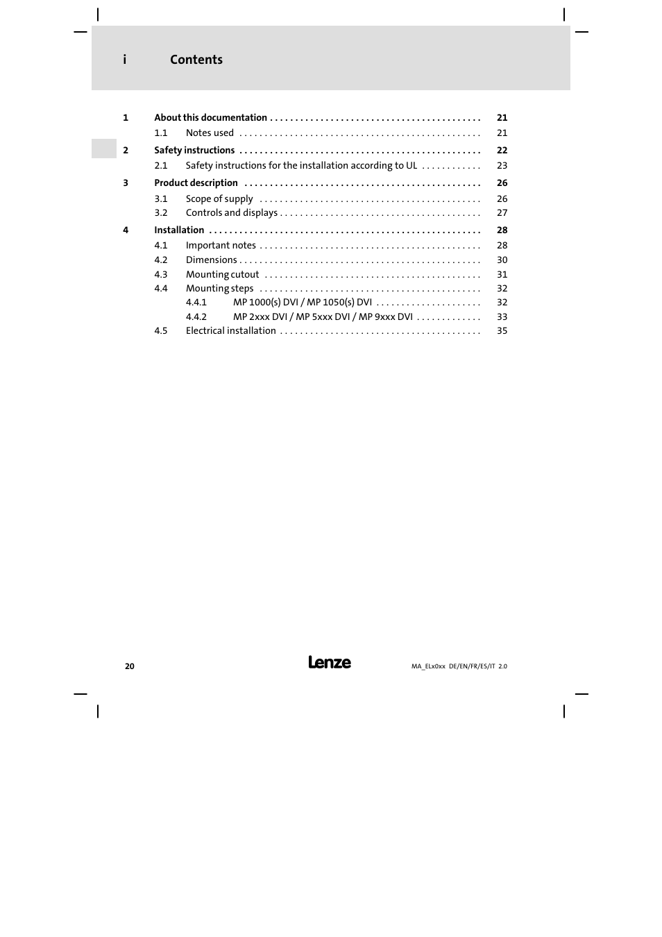 Contents i | Lenze MP 9000 DVI Mounting Instructions User Manual | Page 20 / 88