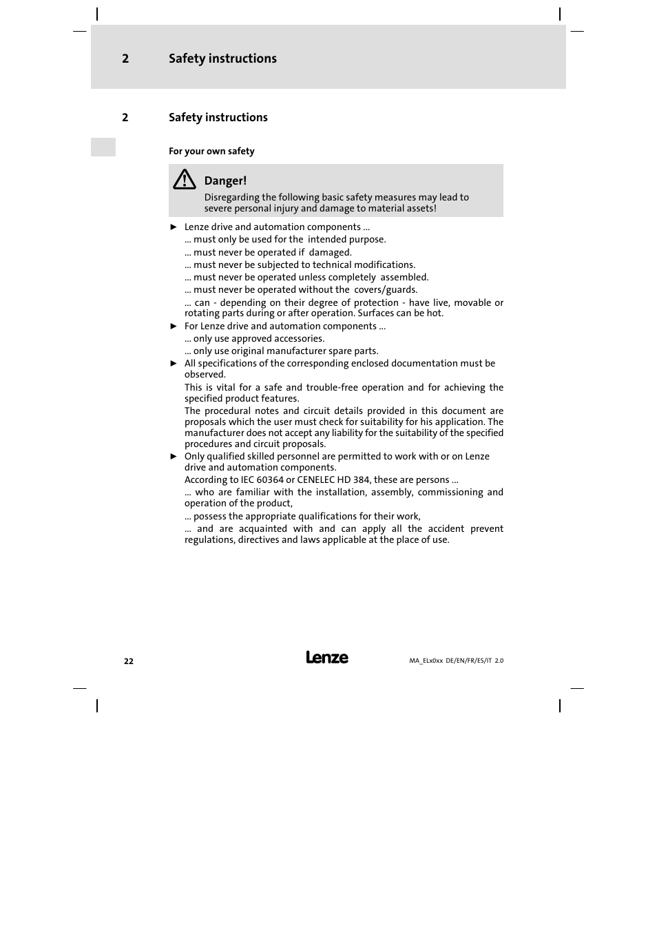 Safety instructions | Lenze MP 9000 DVI Mounting Instructions User Manual | Page 22 / 88