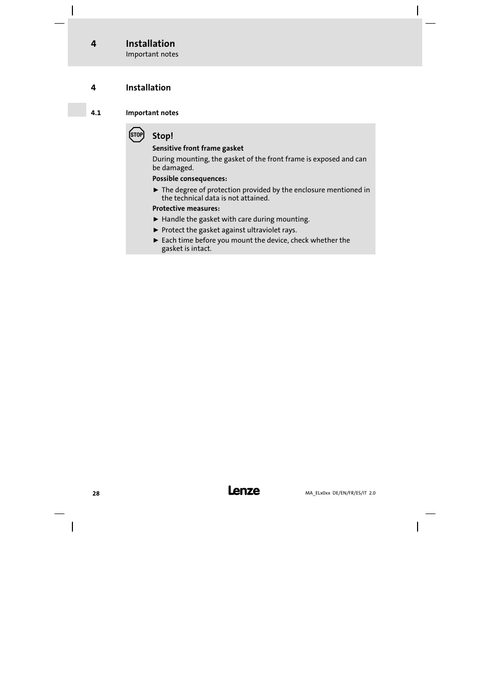 Installation, Important notes | Lenze MP 9000 DVI Mounting Instructions User Manual | Page 28 / 88