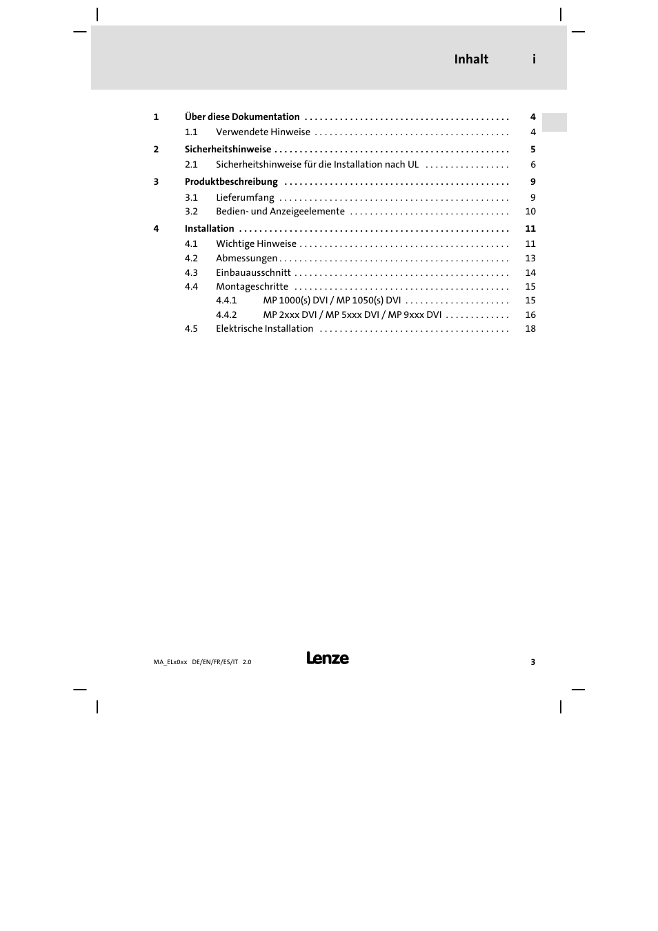 Inhalt i | Lenze MP 9000 DVI Mounting Instructions User Manual | Page 3 / 88
