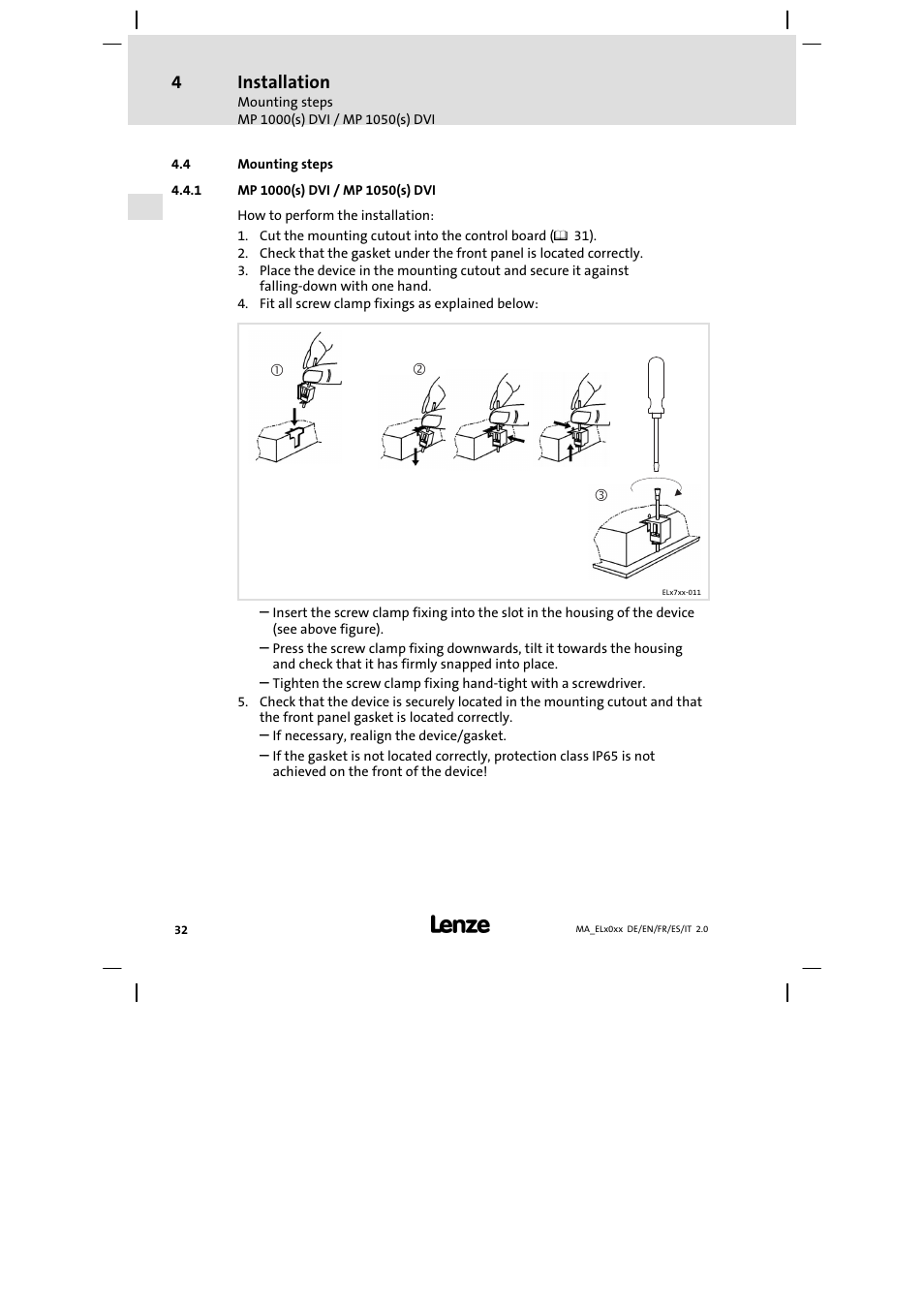 Mounting steps, Mp 1000(s) dvi / mp 1050(s) dvi, Installation | Lenze MP 9000 DVI Mounting Instructions User Manual | Page 32 / 88