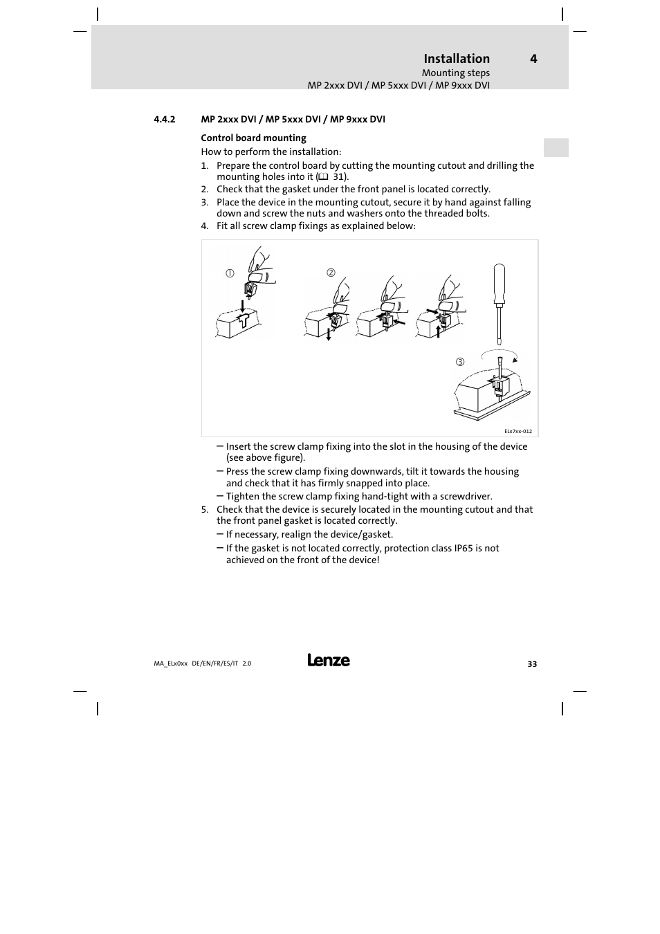 Mp 2xxx dvi / mp 5xxx dvi / mp 9xxx dvi, Installation | Lenze MP 9000 DVI Mounting Instructions User Manual | Page 33 / 88
