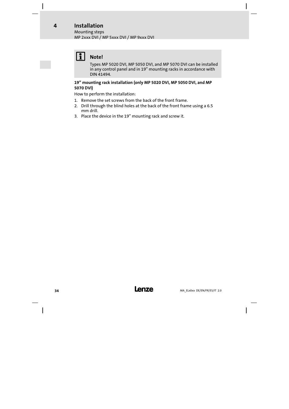 Lenze MP 9000 DVI Mounting Instructions User Manual | Page 34 / 88