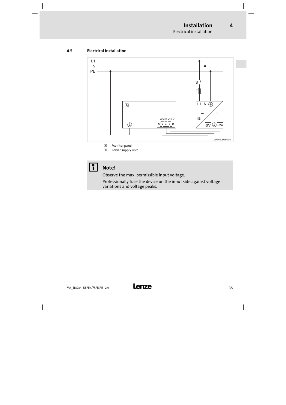 Electrical installation, Installation | Lenze MP 9000 DVI Mounting Instructions User Manual | Page 35 / 88
