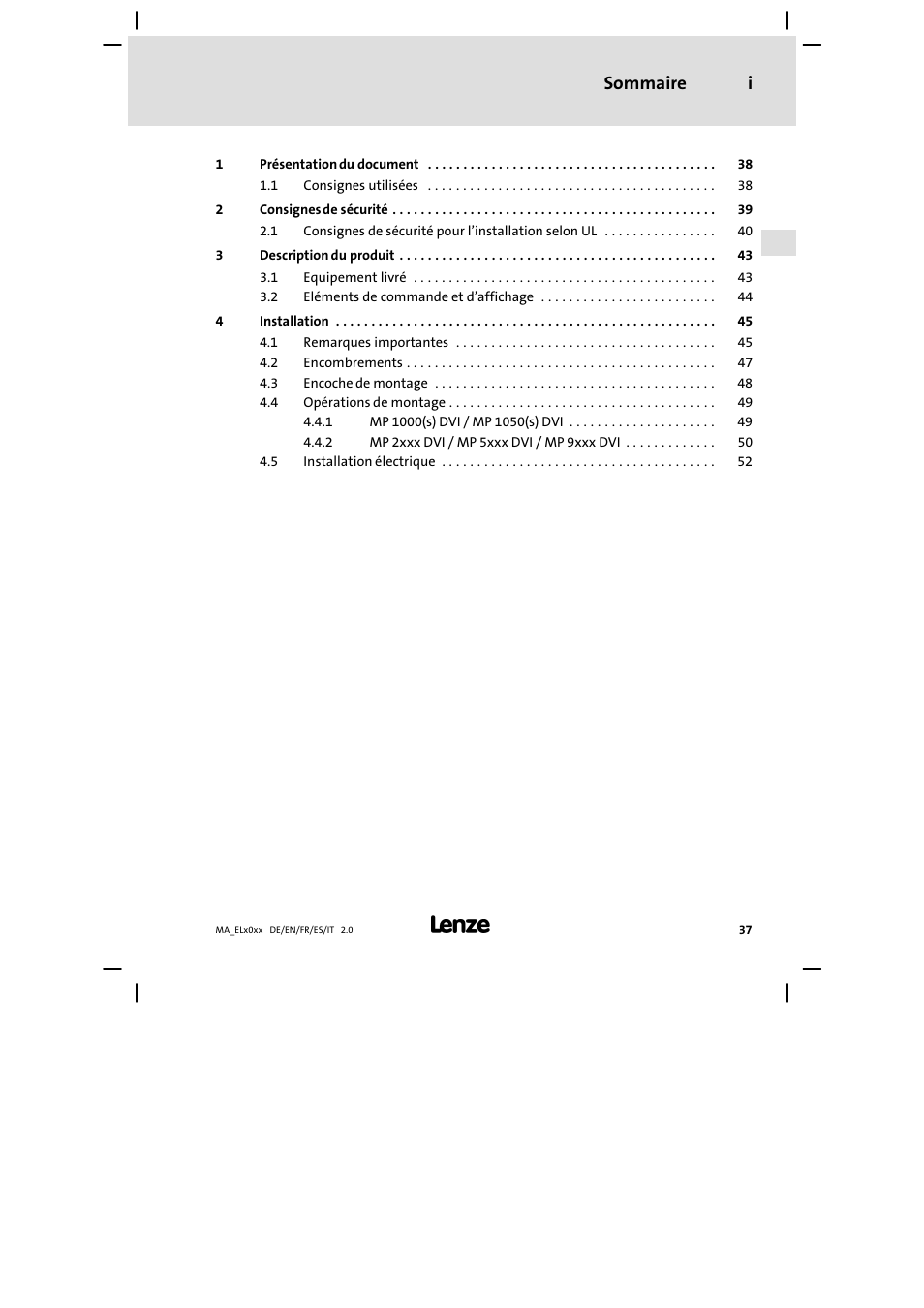 Sommaire i | Lenze MP 9000 DVI Mounting Instructions User Manual | Page 37 / 88