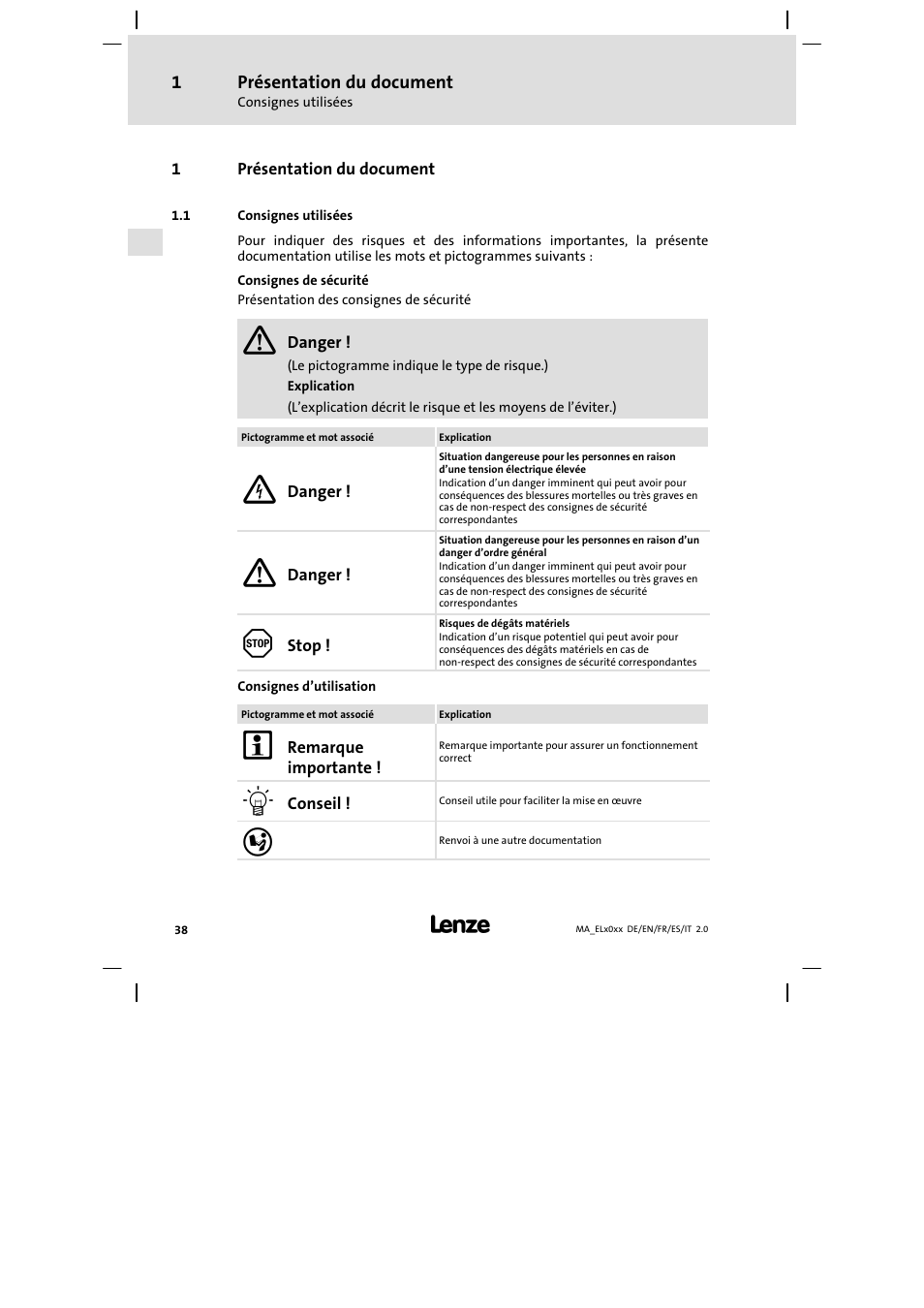 Présentation du document, Consignes utilisées | Lenze MP 9000 DVI Mounting Instructions User Manual | Page 38 / 88