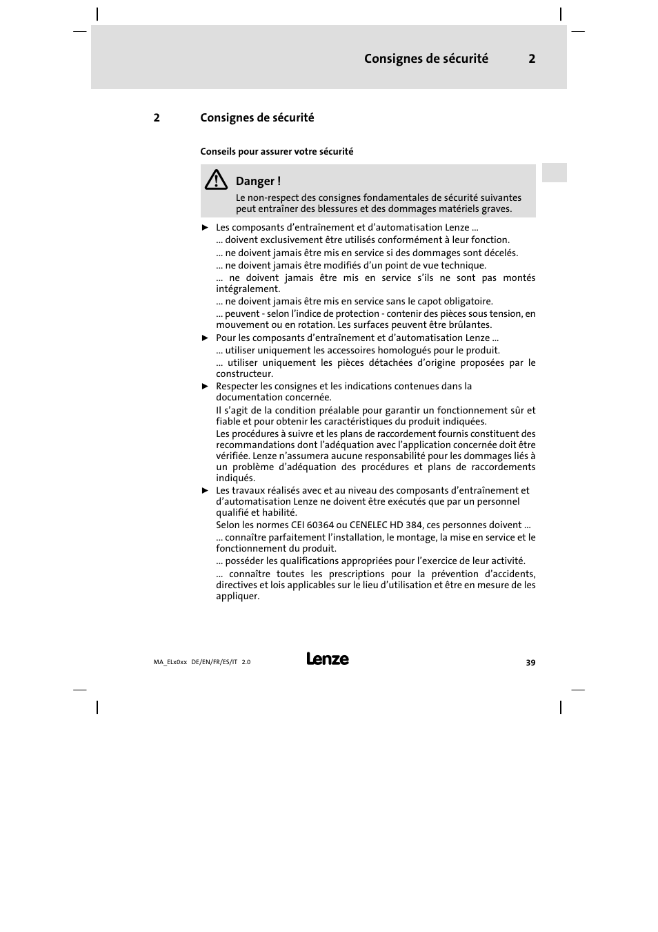 Consignes de sécurité | Lenze MP 9000 DVI Mounting Instructions User Manual | Page 39 / 88