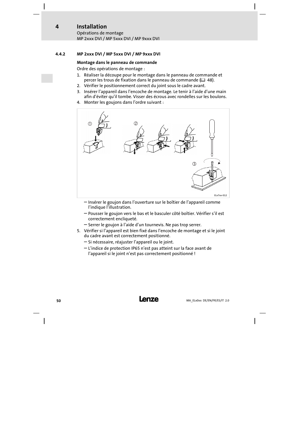 Mp 2xxx dvi / mp 5xxx dvi / mp 9xxx dvi, Installation | Lenze MP 9000 DVI Mounting Instructions User Manual | Page 50 / 88