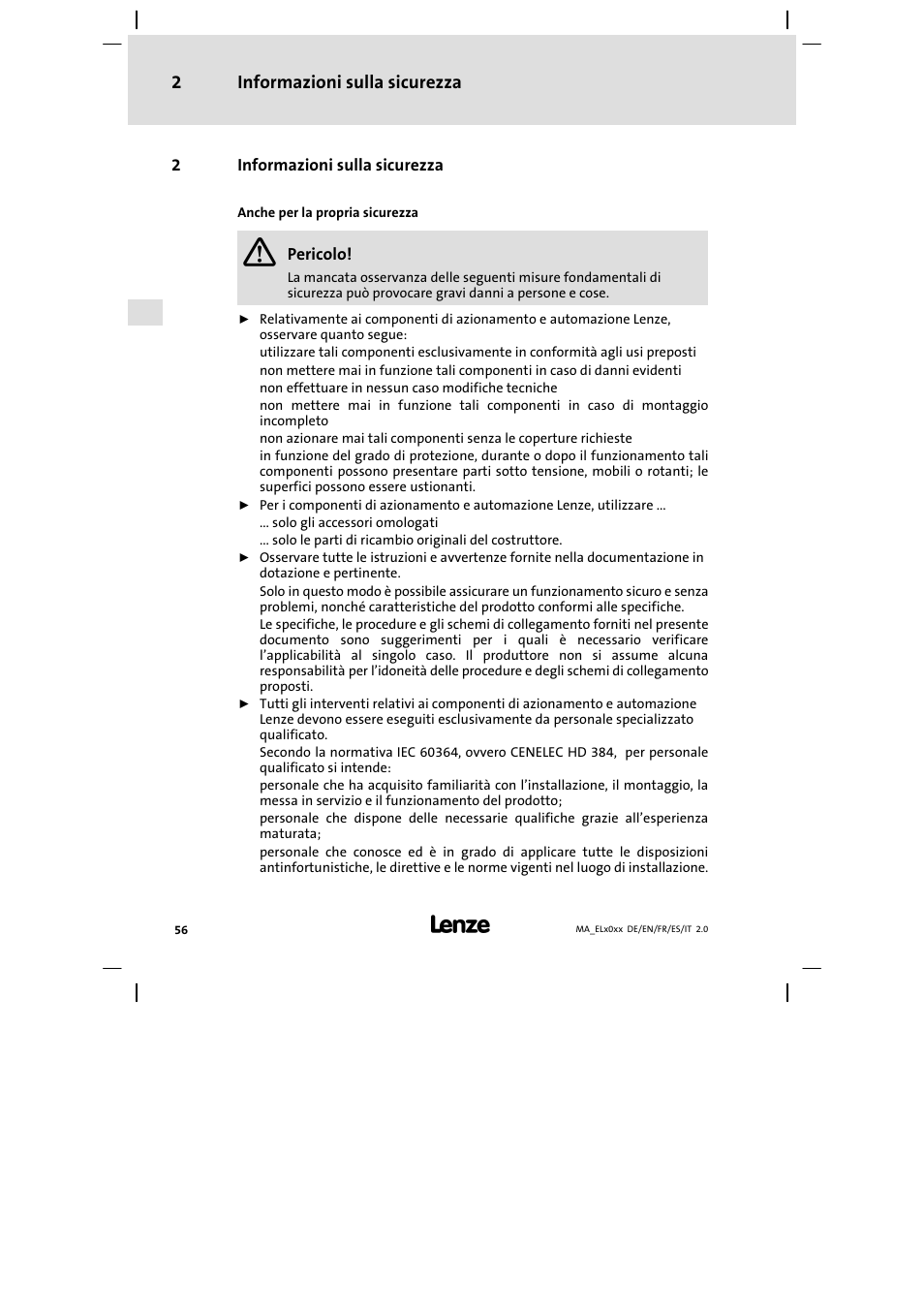Informazioni sulla sicurezza | Lenze MP 9000 DVI Mounting Instructions User Manual | Page 56 / 88