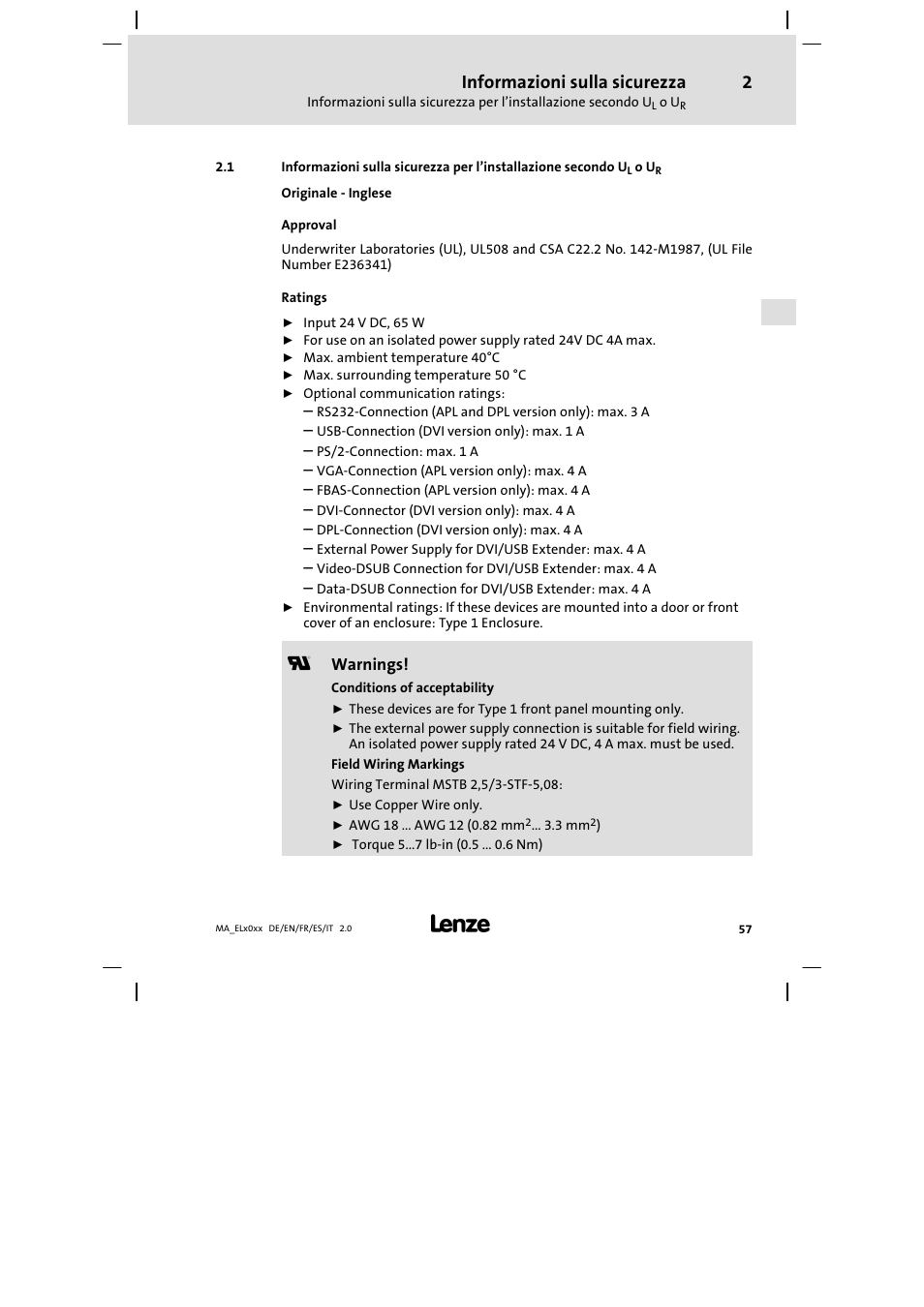 Informazioni sulla sicurezza | Lenze MP 9000 DVI Mounting Instructions User Manual | Page 57 / 88