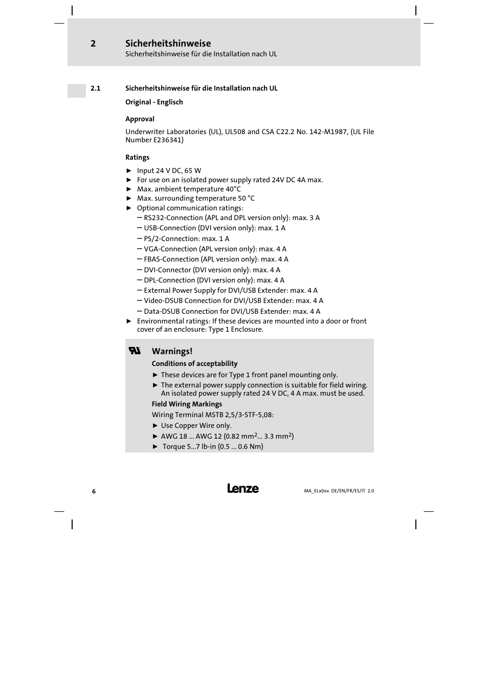 Sicherheitshinweise für die installation nach ul, Sicherheitshinweise | Lenze MP 9000 DVI Mounting Instructions User Manual | Page 6 / 88