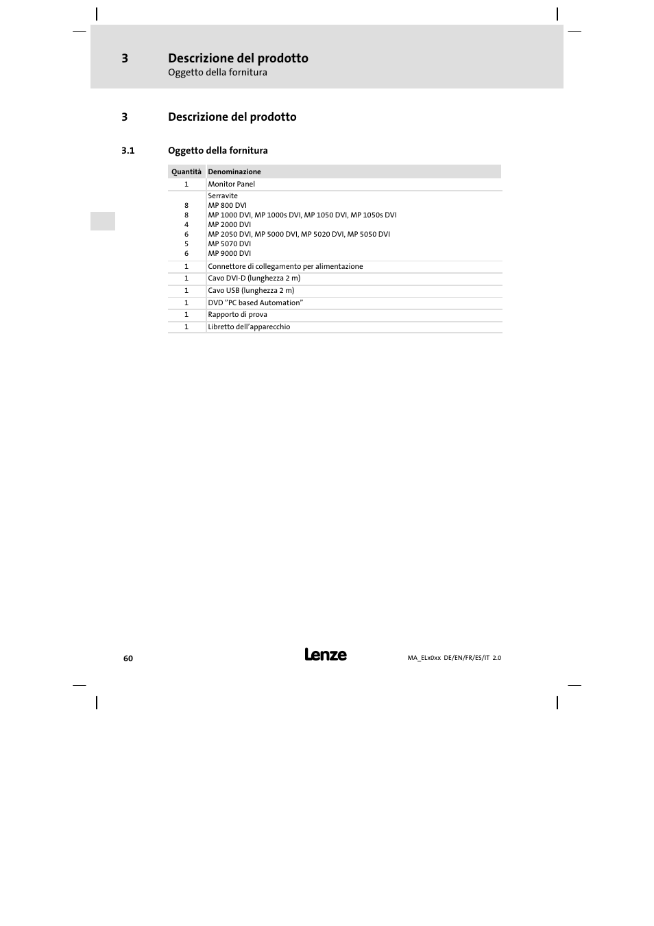 Descrizione del prodotto, Oggetto della fornitura, 3descrizione del prodotto | Lenze MP 9000 DVI Mounting Instructions User Manual | Page 60 / 88