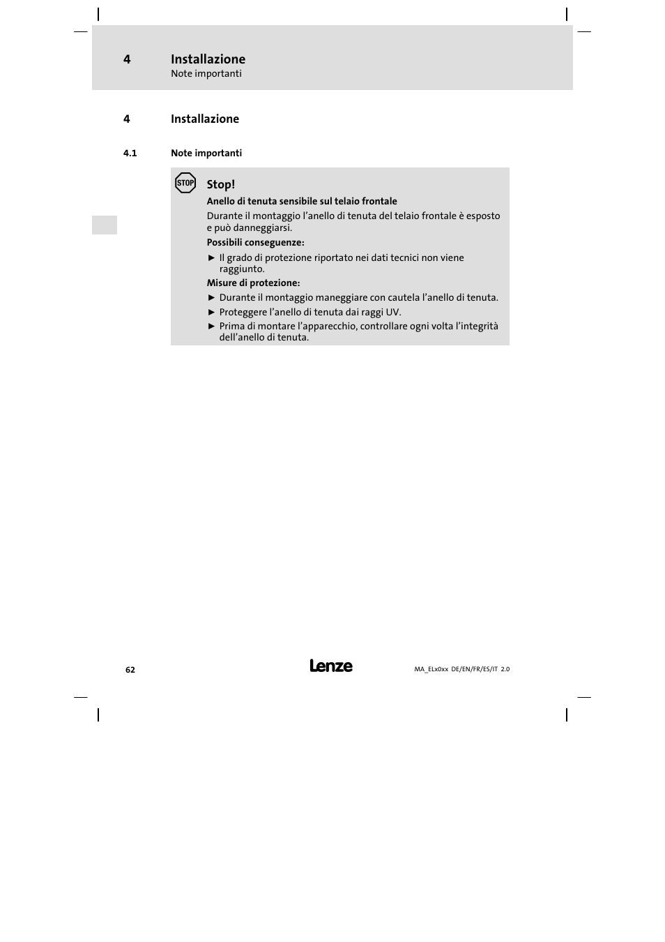 Installazione, Note importanti | Lenze MP 9000 DVI Mounting Instructions User Manual | Page 62 / 88