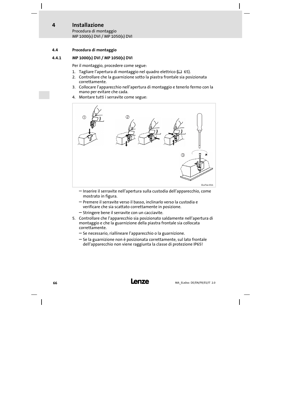 Procedura di montaggio, Mp 1000(s) dvi / mp 1050(s) dvi, Installazione | Lenze MP 9000 DVI Mounting Instructions User Manual | Page 66 / 88