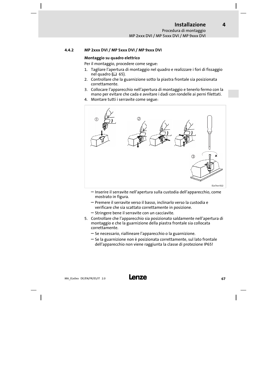 Mp 2xxx dvi / mp 5xxx dvi / mp 9xxx dvi, Installazione | Lenze MP 9000 DVI Mounting Instructions User Manual | Page 67 / 88