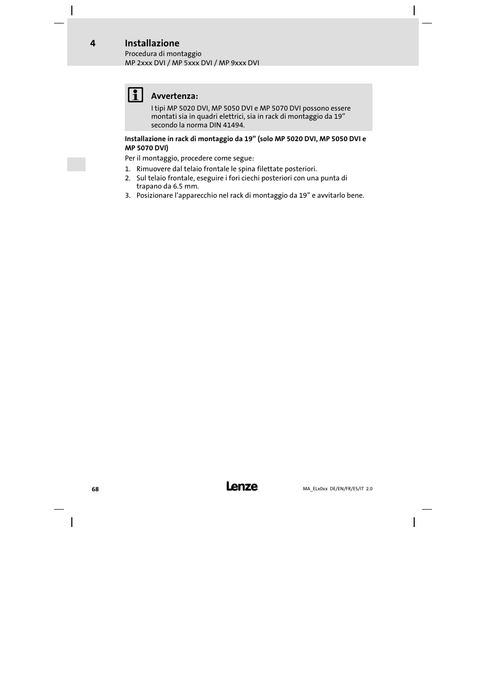 Lenze MP 9000 DVI Mounting Instructions User Manual | Page 68 / 88