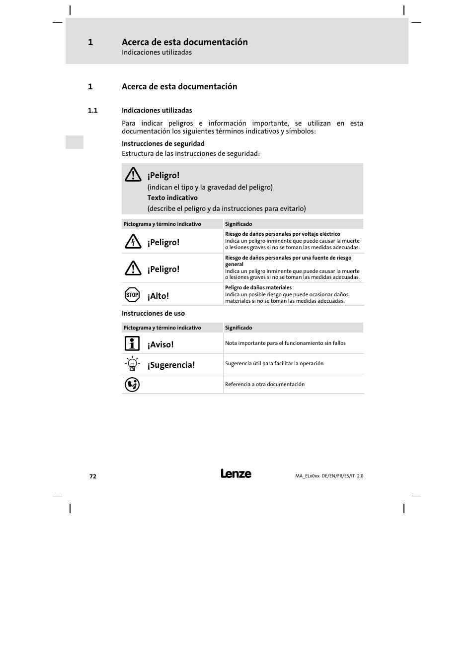 Acerca de esta documentación, Indicaciones utilizadas | Lenze MP 9000 DVI Mounting Instructions User Manual | Page 72 / 88