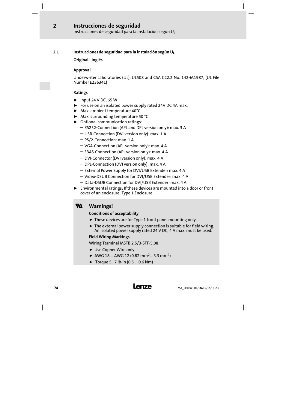 Instrucciones de seguridad | Lenze MP 9000 DVI Mounting Instructions User Manual | Page 74 / 88
