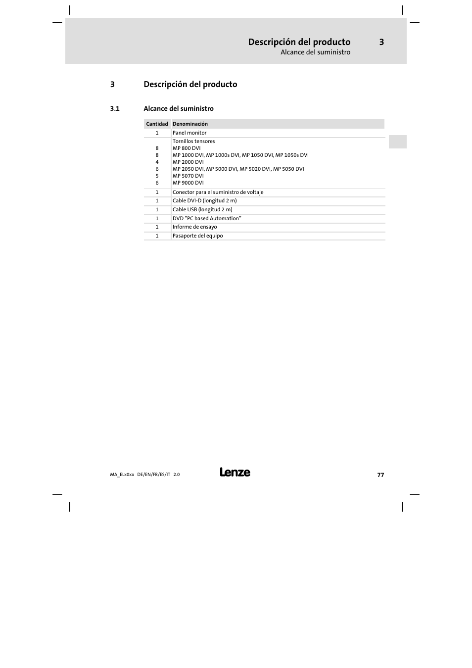 Descripción del producto, Alcance del suministro, 3descripción del producto | Lenze MP 9000 DVI Mounting Instructions User Manual | Page 77 / 88