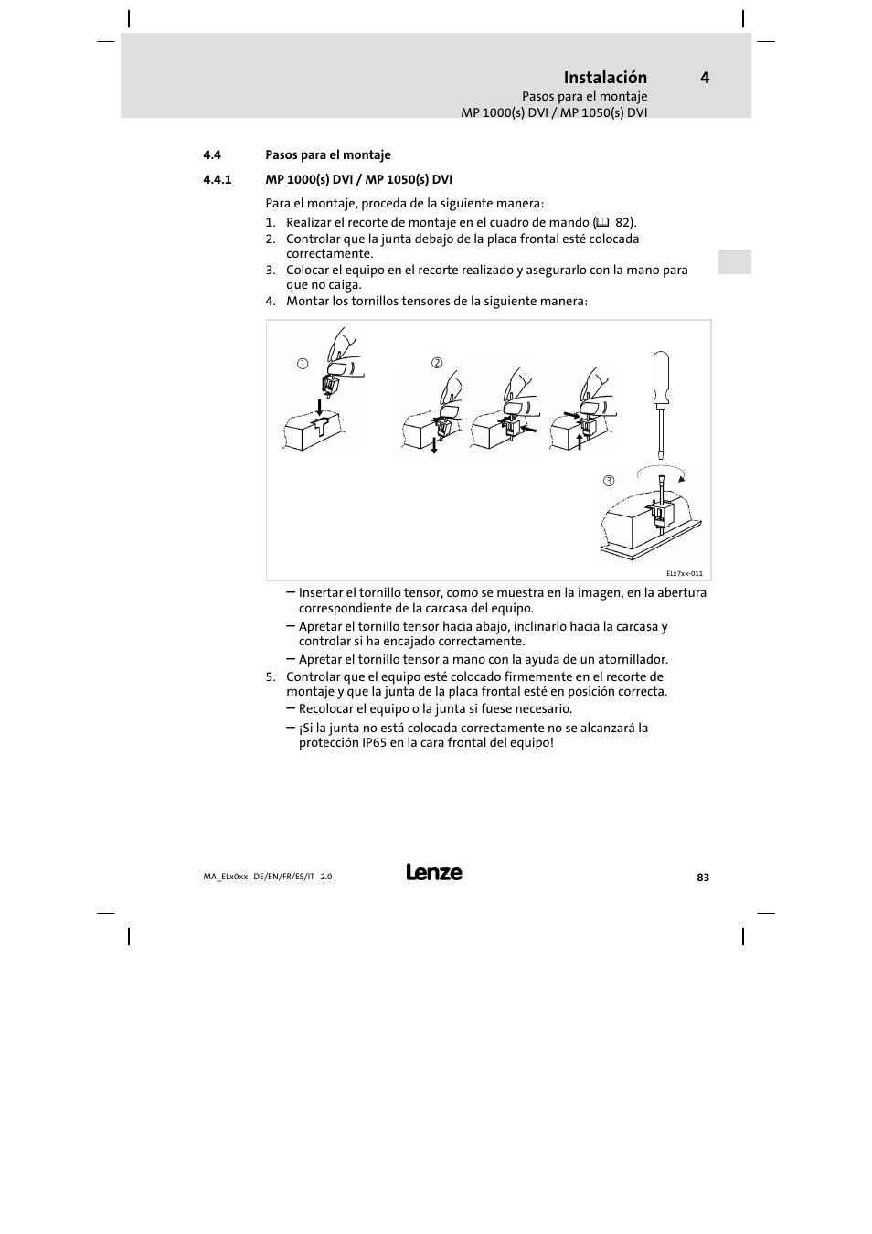 Pasos para el montaje, Mp 1000(s) dvi / mp 1050(s) dvi, Instalación | Lenze MP 9000 DVI Mounting Instructions User Manual | Page 83 / 88