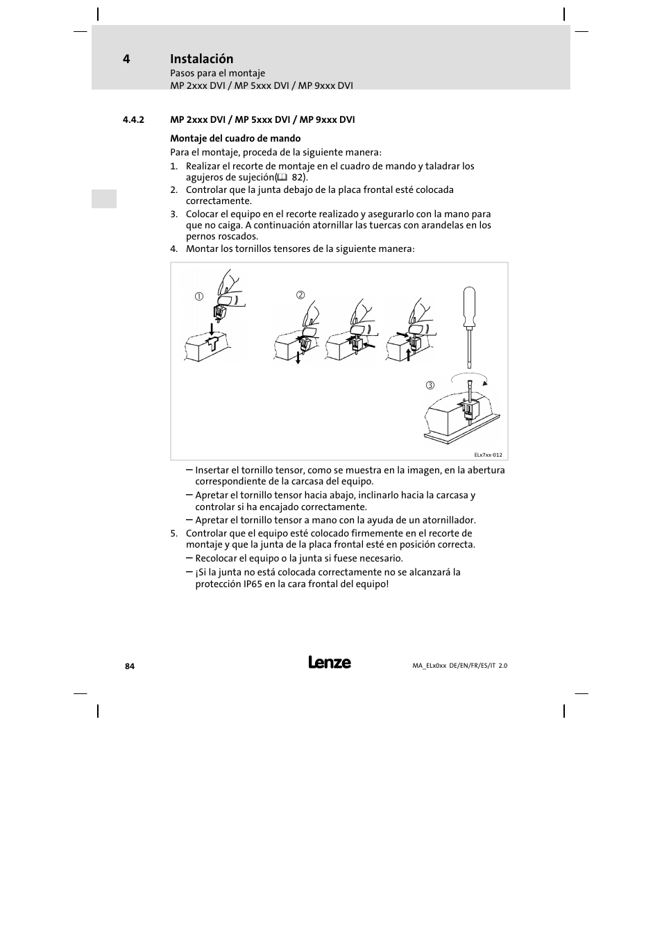 Mp 2xxx dvi / mp 5xxx dvi / mp 9xxx dvi, Instalación | Lenze MP 9000 DVI Mounting Instructions User Manual | Page 84 / 88