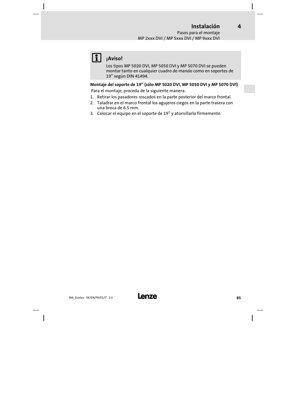 Lenze MP 9000 DVI Mounting Instructions User Manual | Page 85 / 88