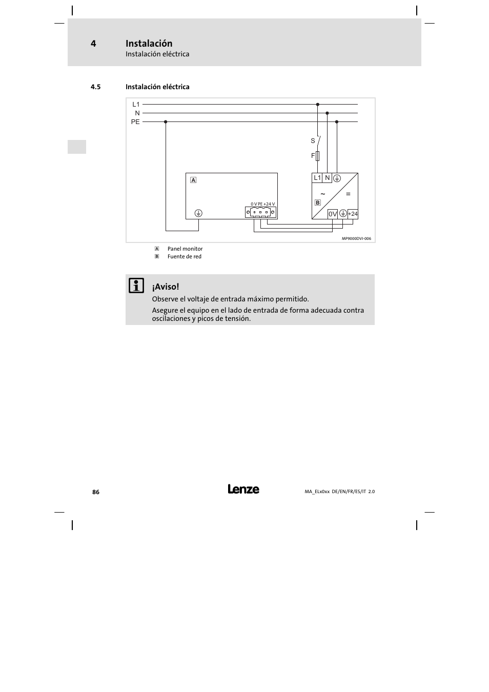 Instalación eléctrica, Instalación | Lenze MP 9000 DVI Mounting Instructions User Manual | Page 86 / 88