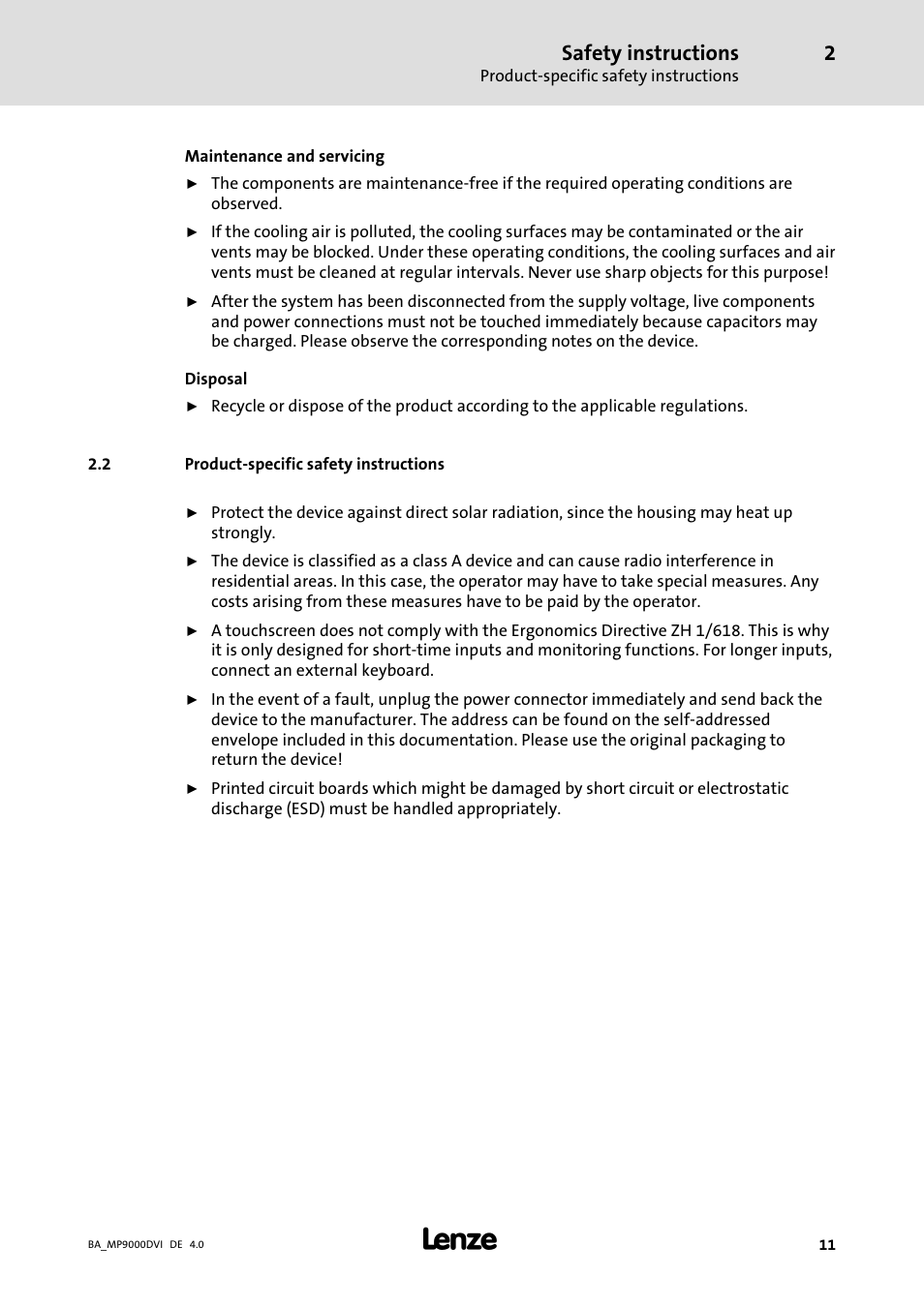 Product-specific safety instructions, Product−specific safety instructions, Safety instructions | Lenze MP 9000 DVI Operating Instructions User Manual | Page 11 / 43