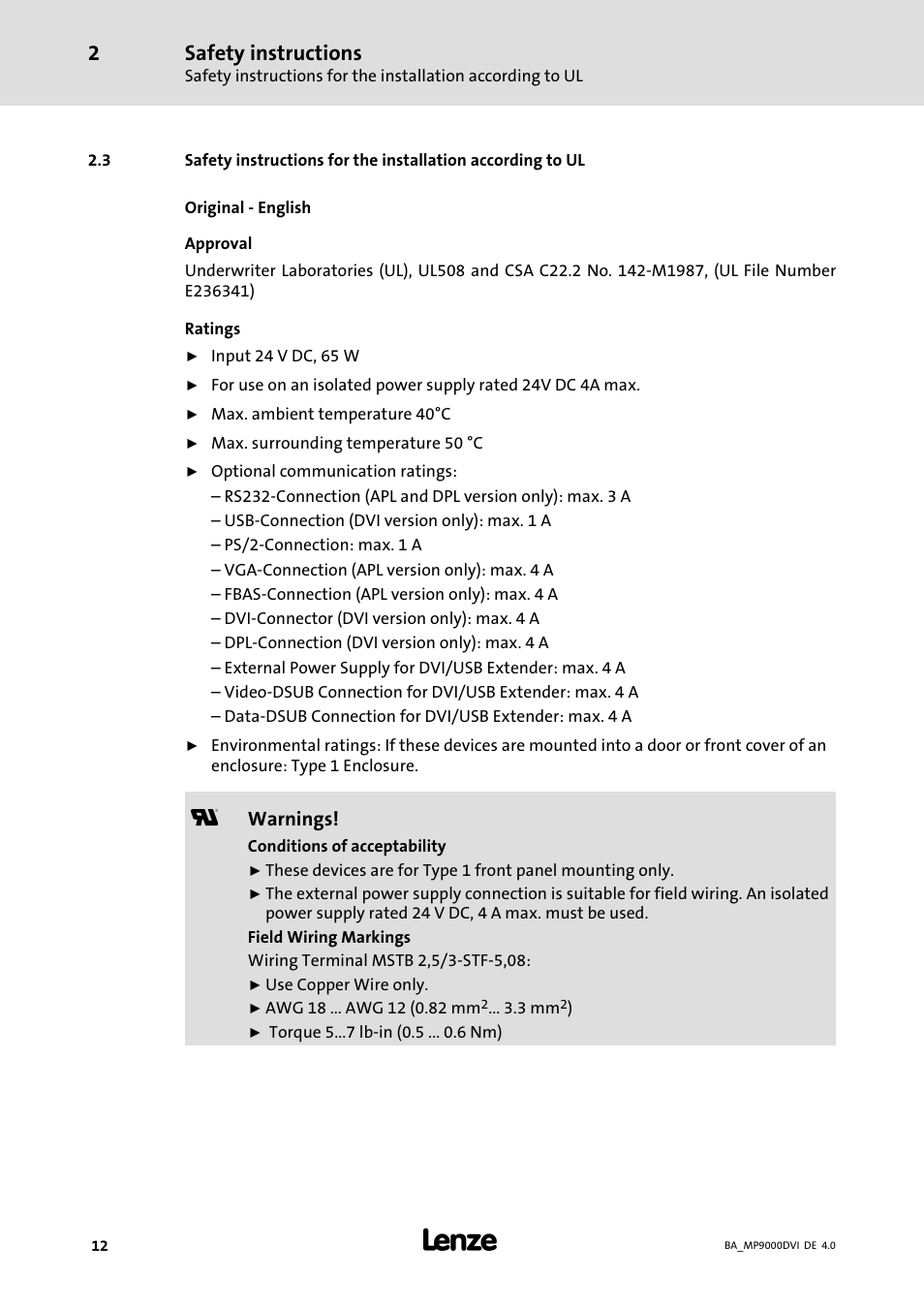 Safety instructions | Lenze MP 9000 DVI Operating Instructions User Manual | Page 12 / 43