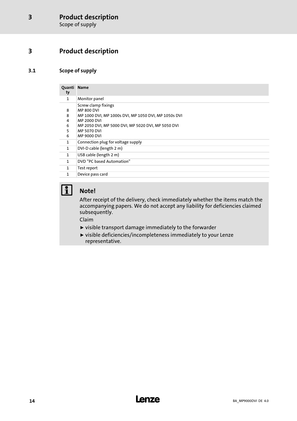 Product description, Scope of supply, 3product description | Lenze MP 9000 DVI Operating Instructions User Manual | Page 14 / 43
