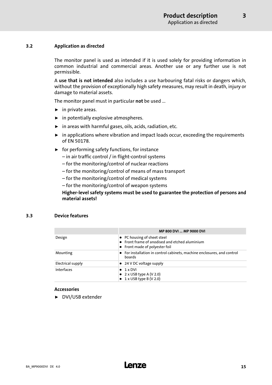 Application as directed, Device features, Product description | Lenze MP 9000 DVI Operating Instructions User Manual | Page 15 / 43