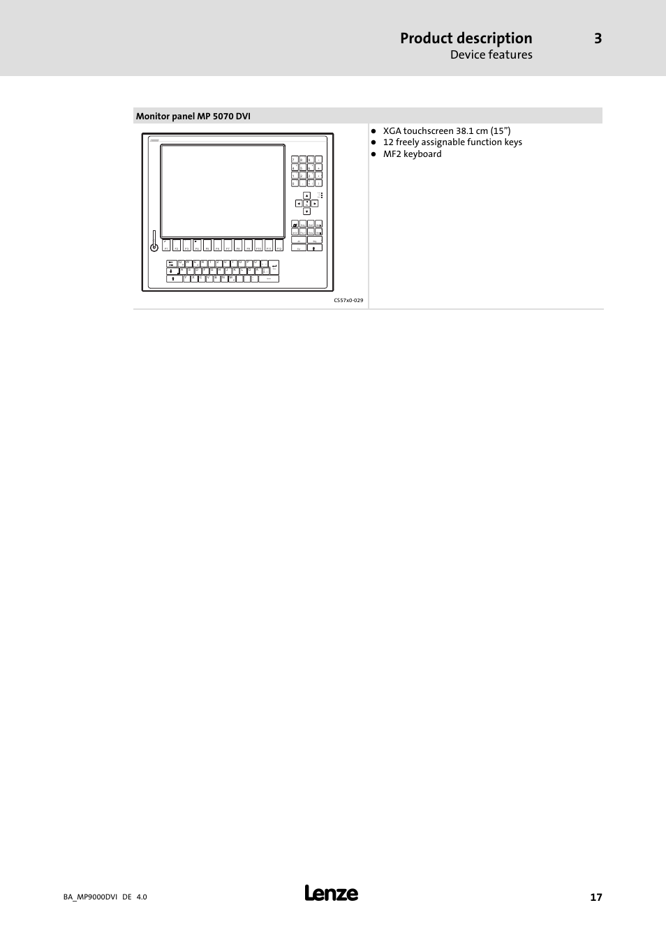 Product description, Device features, Space enter | Fail status power, Monitor panel mp 5070 dvi, 12 freely assignable function keys, Mf2 keyboard | Lenze MP 9000 DVI Operating Instructions User Manual | Page 17 / 43