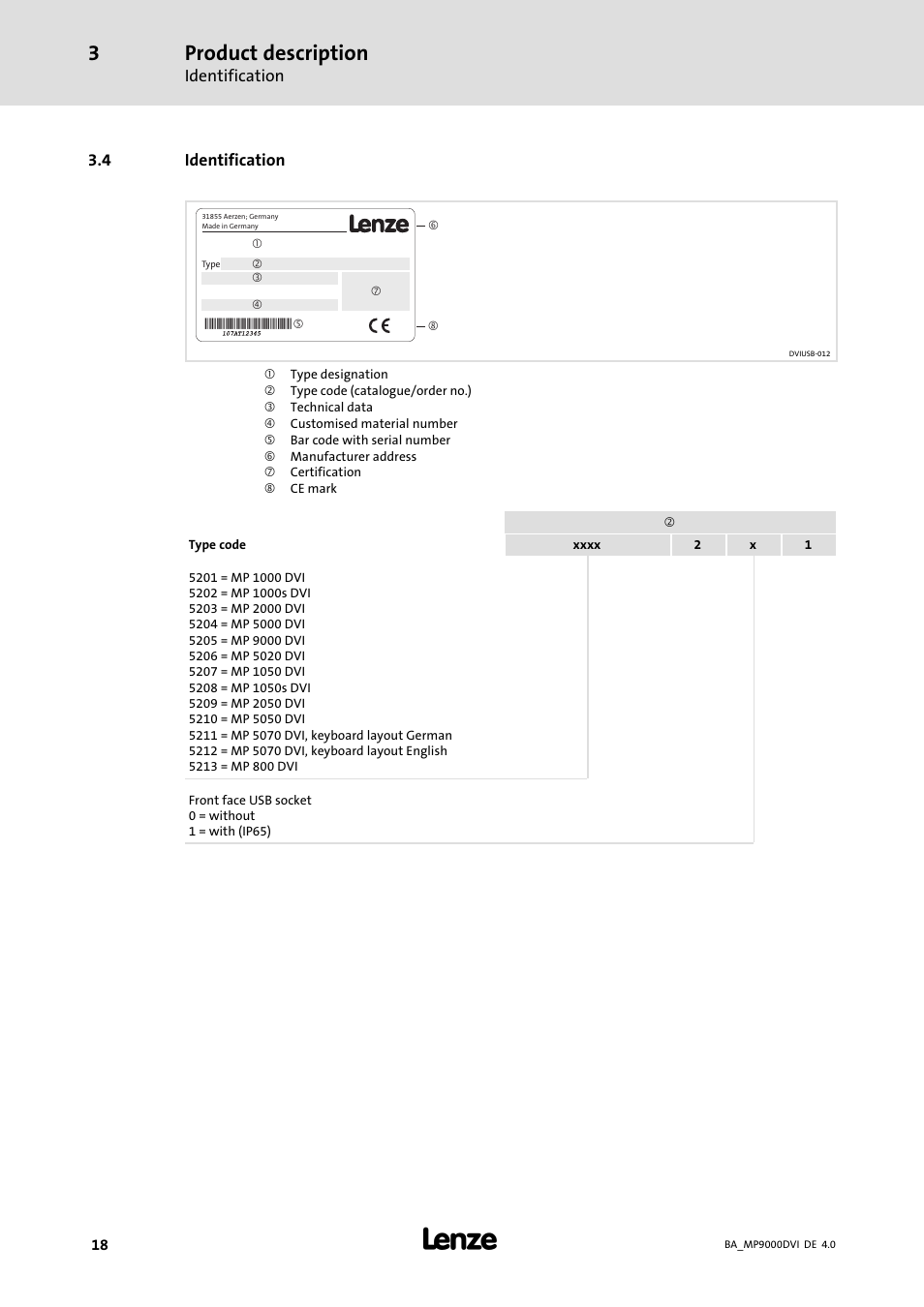 Identification, Product description | Lenze MP 9000 DVI Operating Instructions User Manual | Page 18 / 43