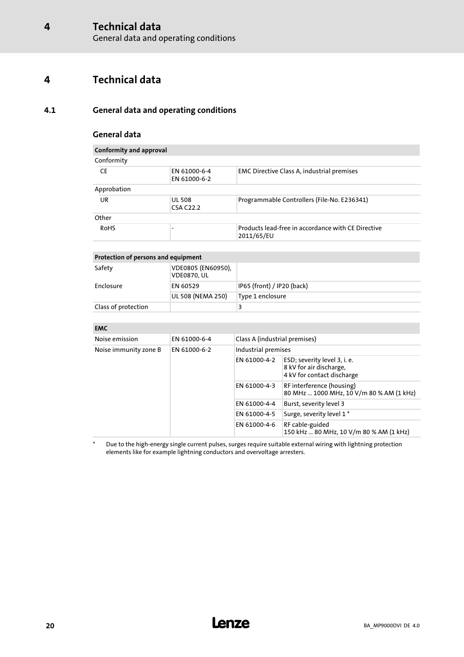 Technical data, General data and operating conditions, 4technical data | Lenze MP 9000 DVI Operating Instructions User Manual | Page 20 / 43