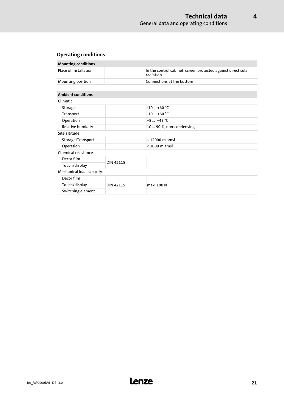 Technical data | Lenze MP 9000 DVI Operating Instructions User Manual | Page 21 / 43
