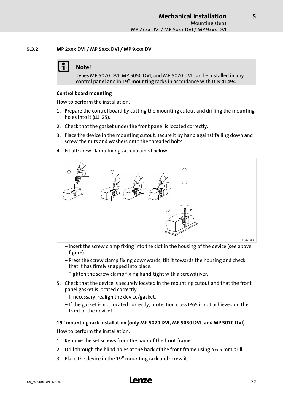Mp 2xxx dvi / mp 5xxx dvi / mp 9xxx dvi, Mechanical installation | Lenze MP 9000 DVI Operating Instructions User Manual | Page 27 / 43