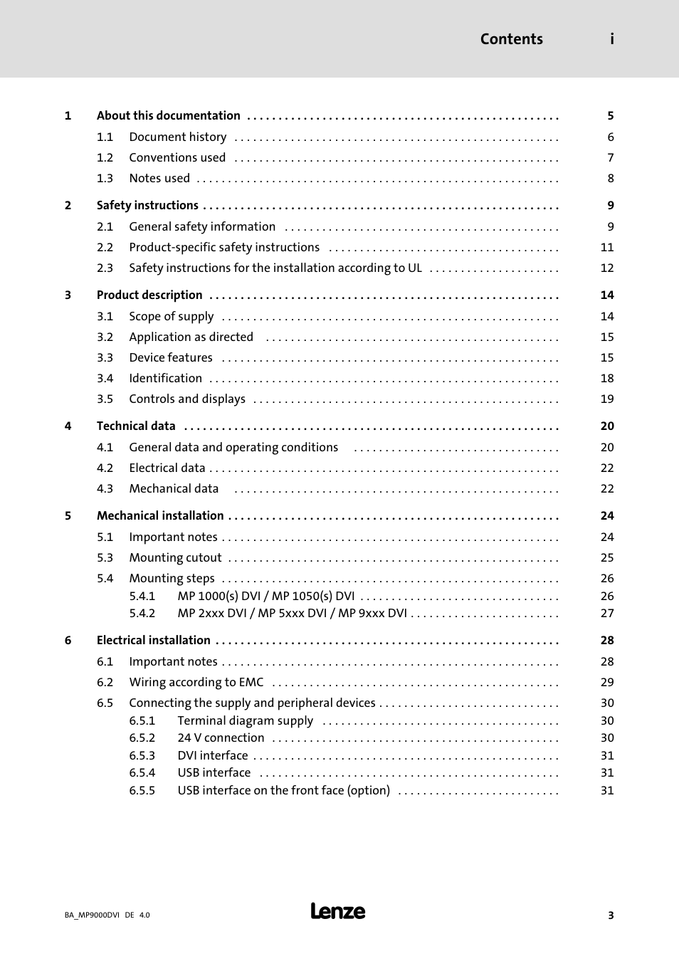 Lenze MP 9000 DVI Operating Instructions User Manual | Page 3 / 43