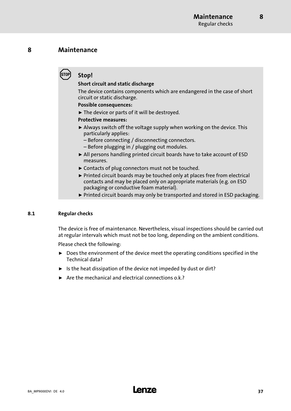 Maintenance, Regular checks, 8maintenance | Lenze MP 9000 DVI Operating Instructions User Manual | Page 37 / 43