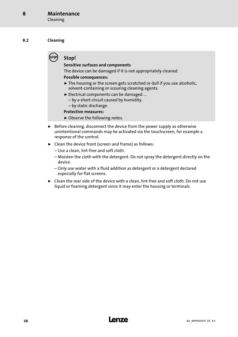 Cleaning | Lenze MP 9000 DVI Operating Instructions User Manual | Page 38 / 43