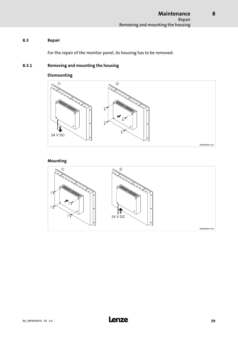 Repair, Removing and mounting the housing, Maintenance | Lenze MP 9000 DVI Operating Instructions User Manual | Page 39 / 43